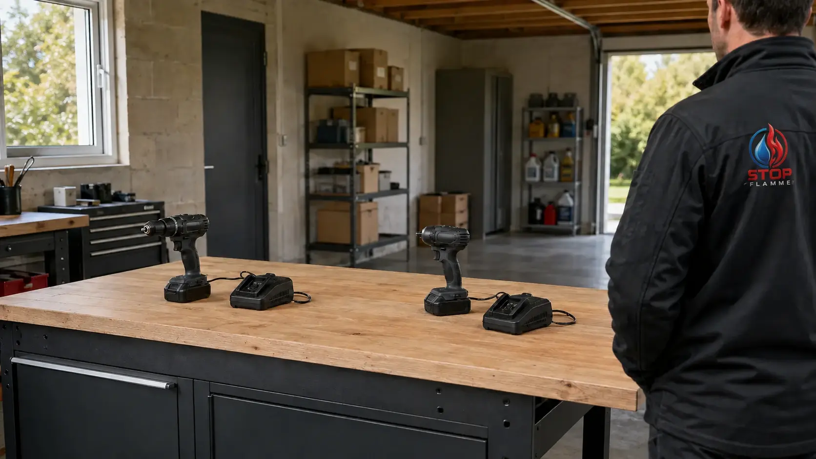 Technicien observant une zone de recharge de batteries d’outillage dans un garage de l’Eure