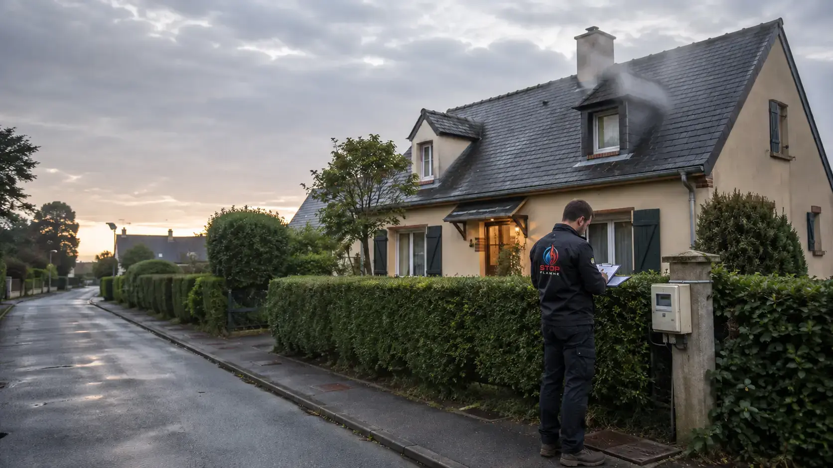 Audit de prévention incendie devant un pavillon normand dans l’Eure après un feu de maison, illustration STOP FLAMME.