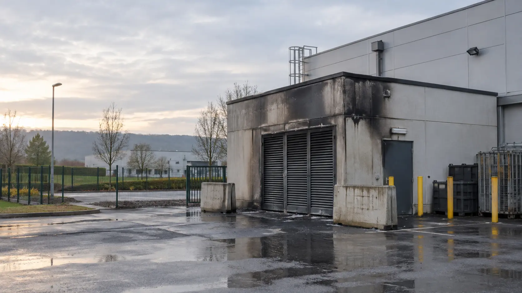Illustration réaliste d’un site d’activité à Val-de-Reuil après une intervention incendie, sans victime ni flamme visible.