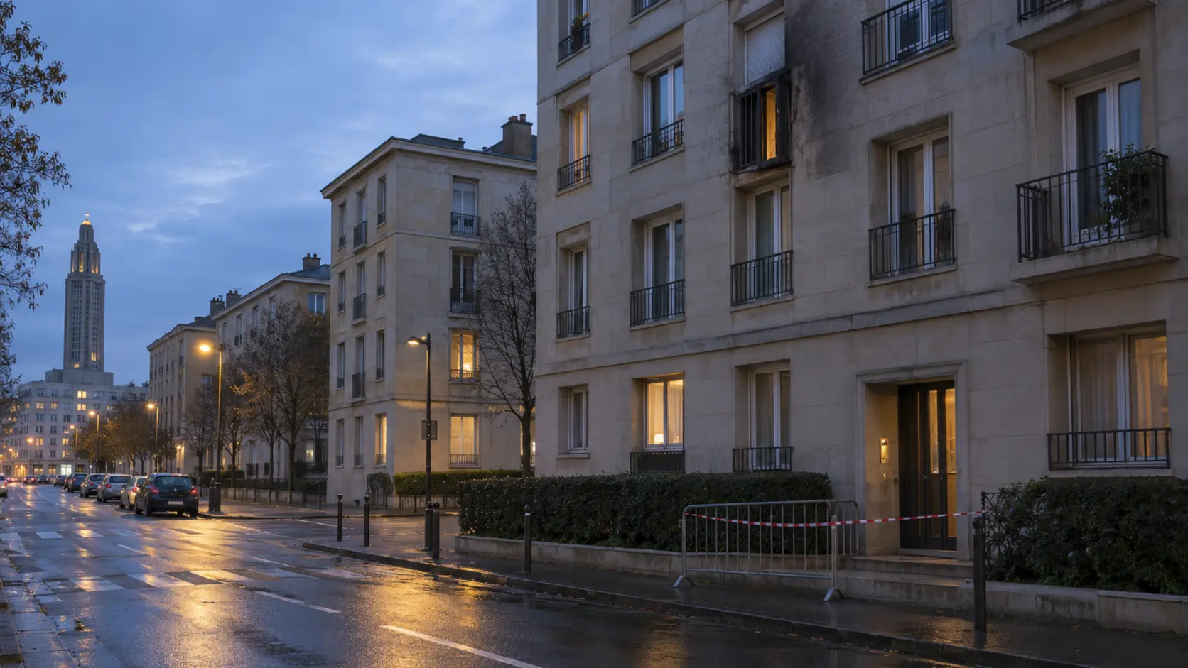 Illustration réaliste d’un immeuble du centre-ville du Havre après une intervention pour feu d’appartement, sans victime ni scène choquante.