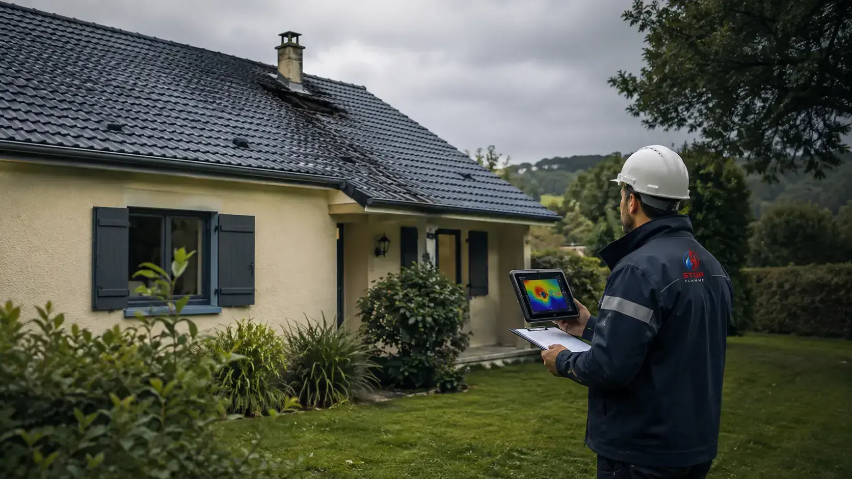 Professionnel réalisant une vérification thermique après un feu de toiture sur un pavillon en Seine-Maritime.