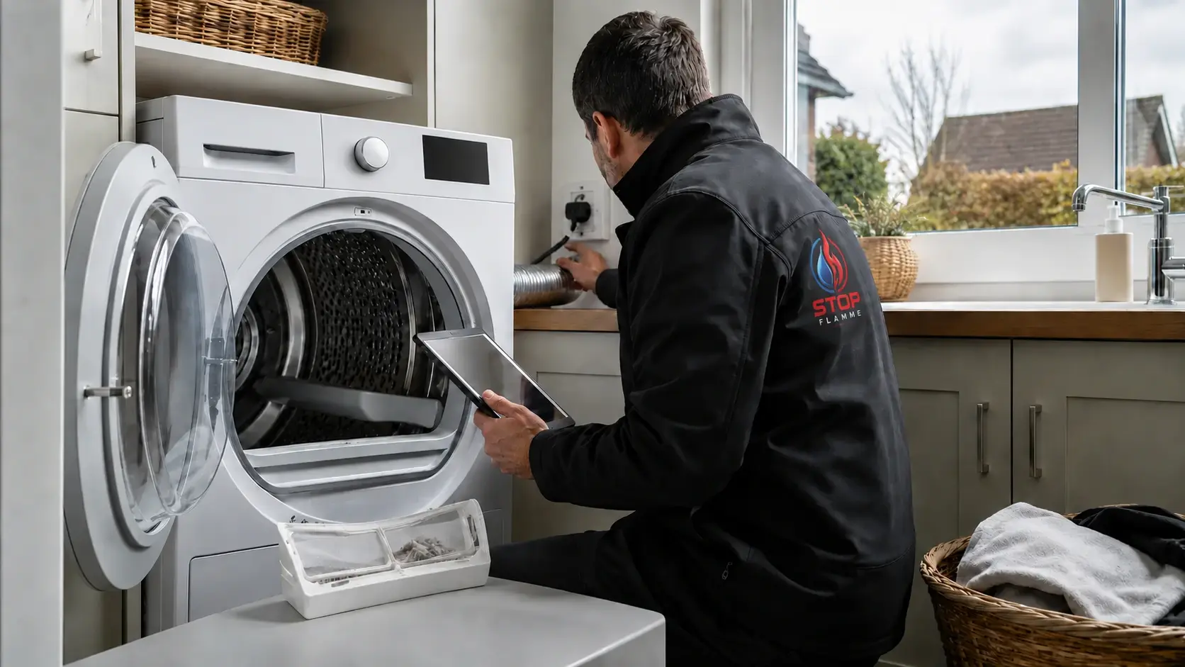 Technicien observant un sèche-linge et sa ventilation dans une buanderie de Seine-Maritime