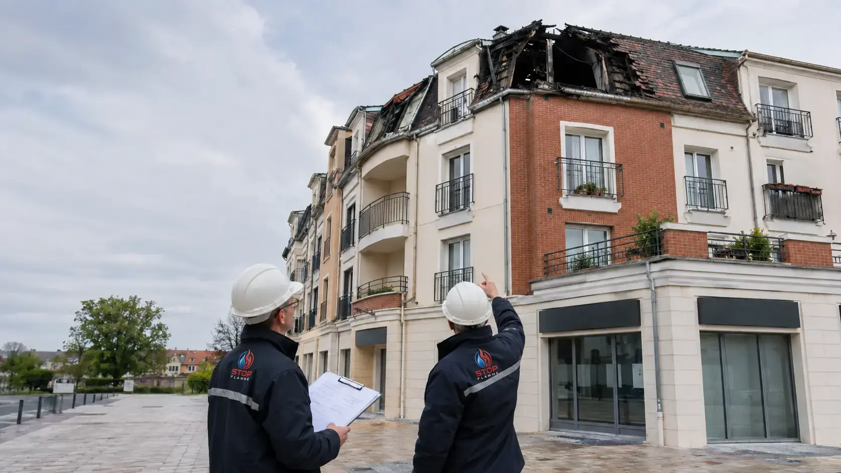 Vérification de prévention incendie devant un immeuble après un feu de toiture à Carrières-sous-Poissy dans les Yvelines.