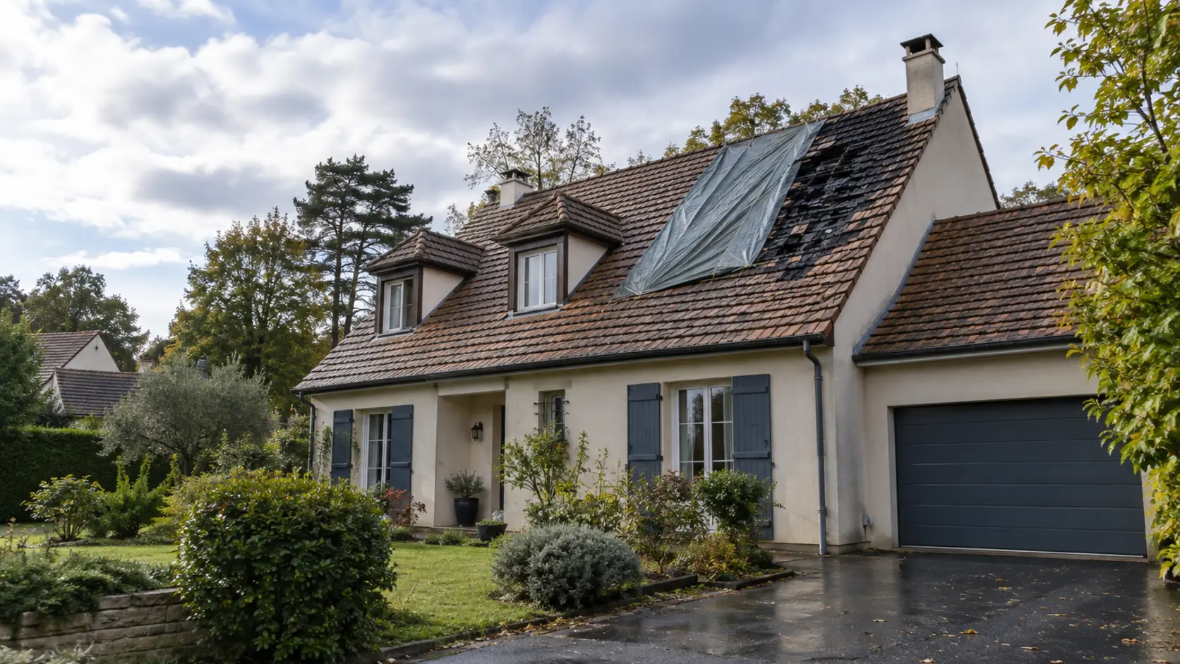 Illustration réaliste d’une maison aux Essarts-le-Roi après un feu de toiture, sans victime, flamme ni technicien visible.