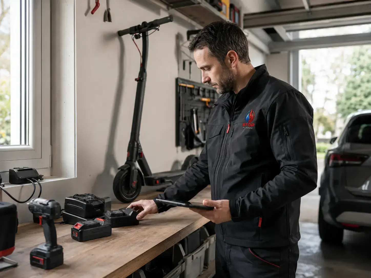 Technicien observant une zone de recharge de batteries lithium