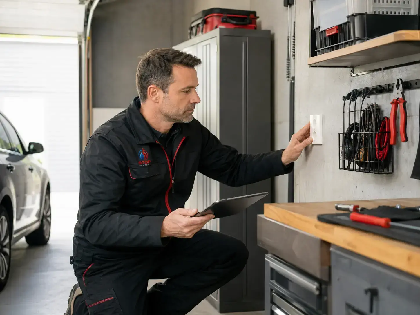 Technicien inspectant un garage et un atelier résidentiel