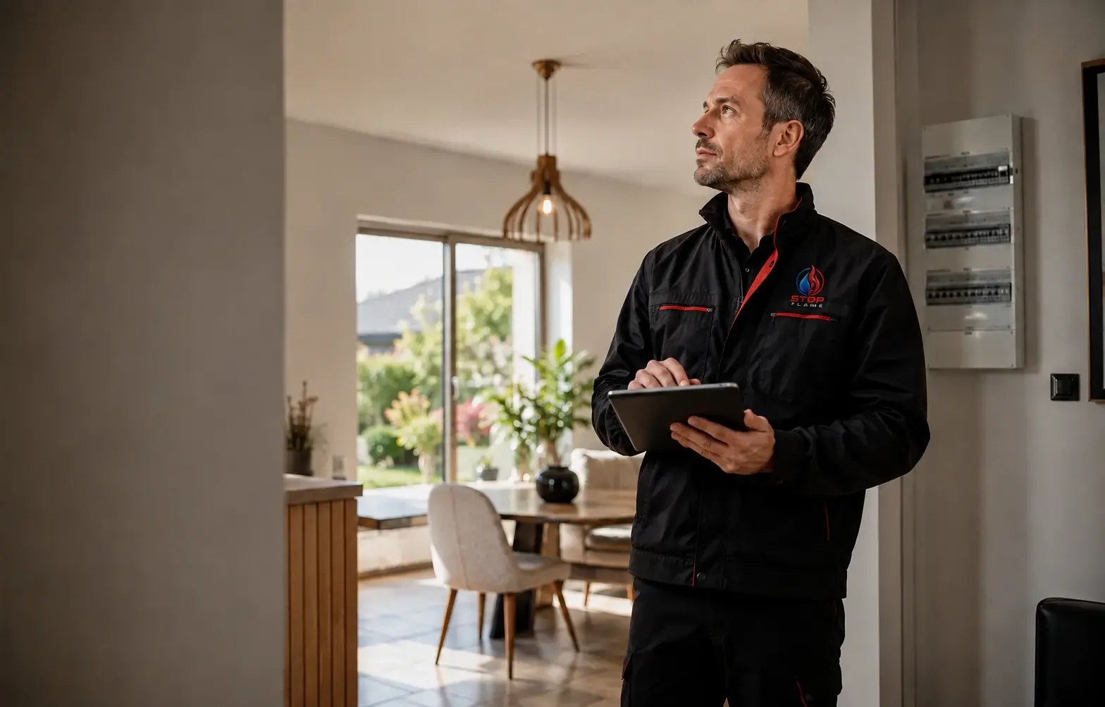 Technicien STOP FLAMME analysant une habitation avec une tablette