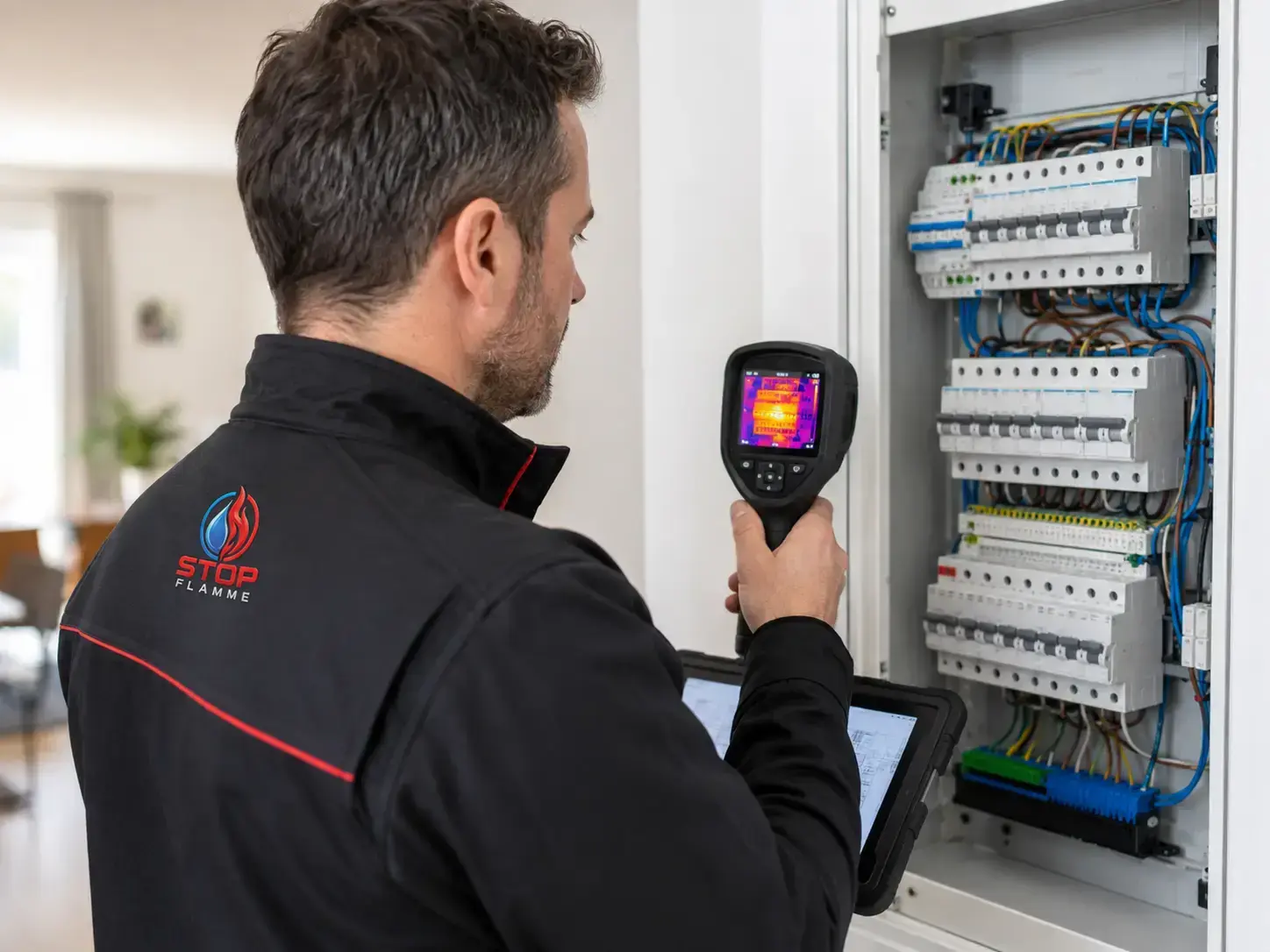 Technicien observant un tableau électrique résidentiel