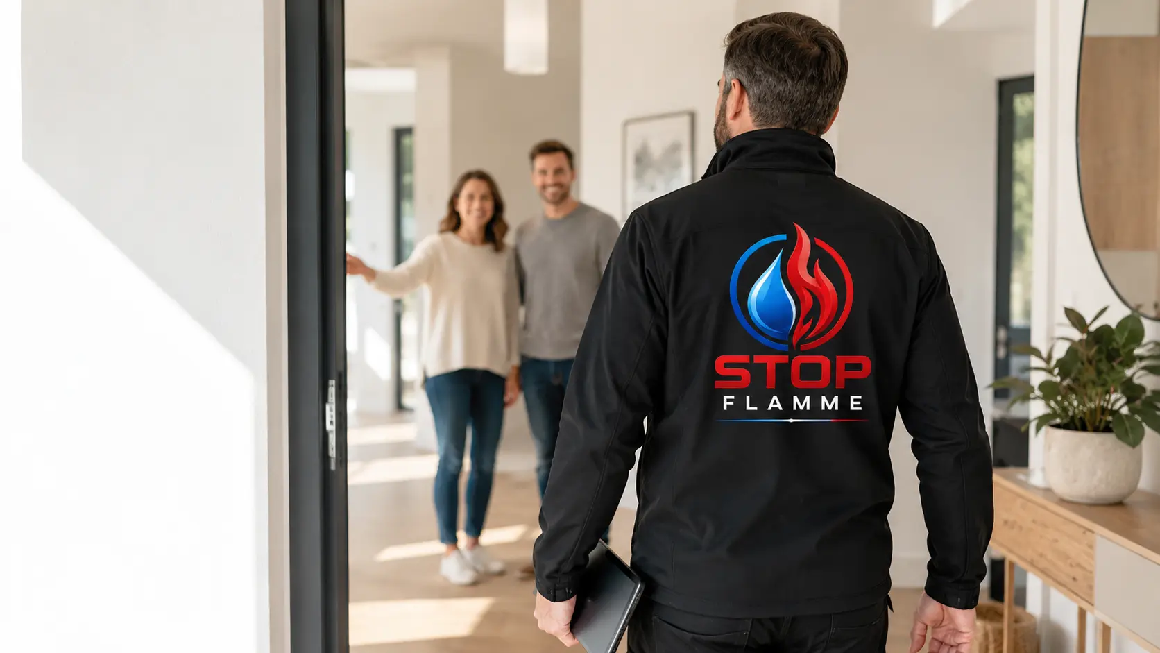 Technicien STOP FLAMME entrant dans une maison pour réaliser un audit incendie