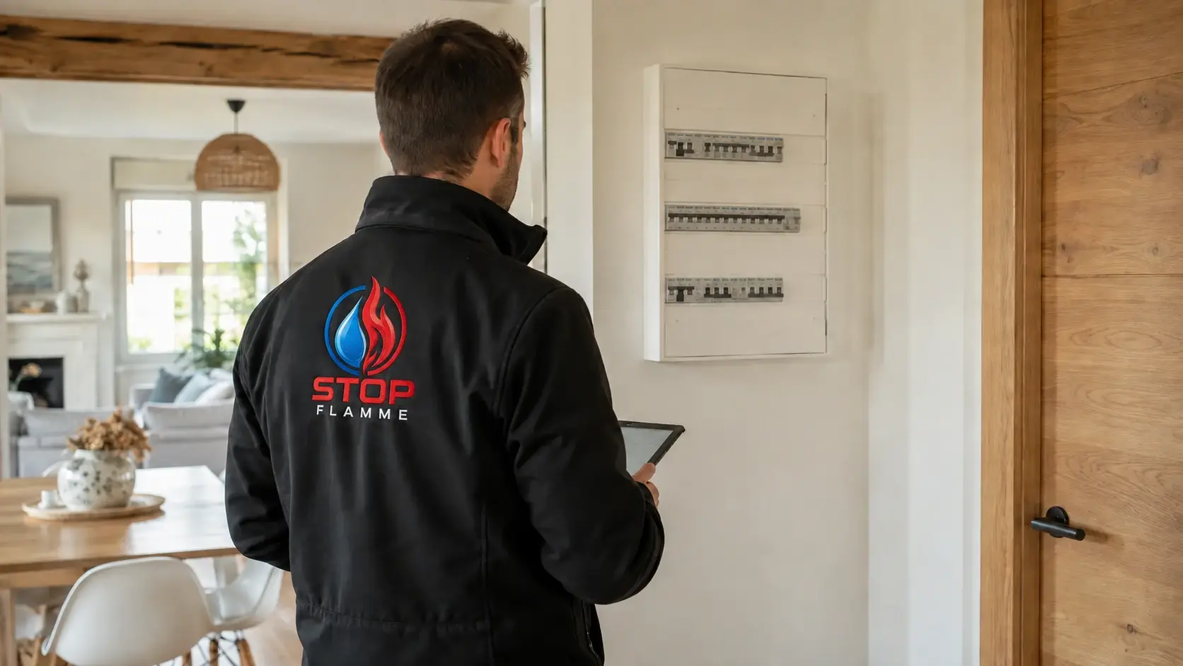 Technicien prévention incendie observant un tableau électrique dans une maison de l’Eure