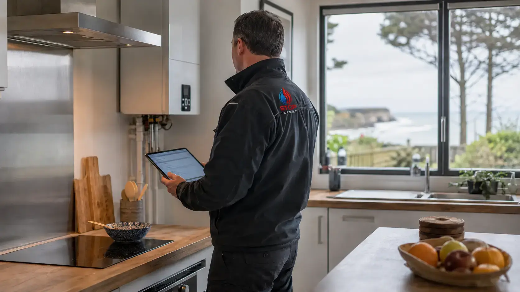 Technicien prévention incendie analysant une cuisine dans une habitation de Seine-Maritime