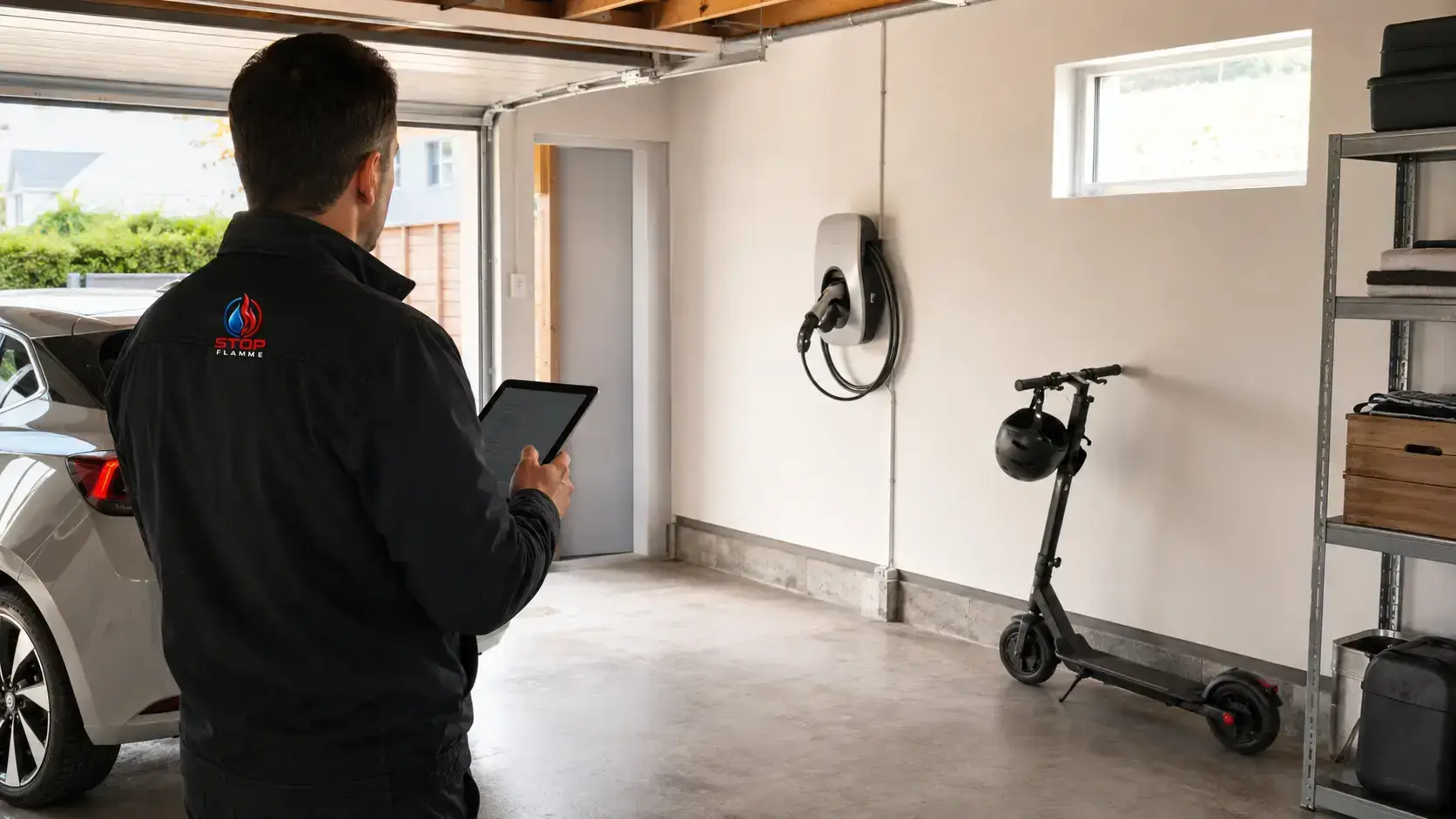 Technicien prévention incendie observant une zone de recharge dans un garage des Yvelines