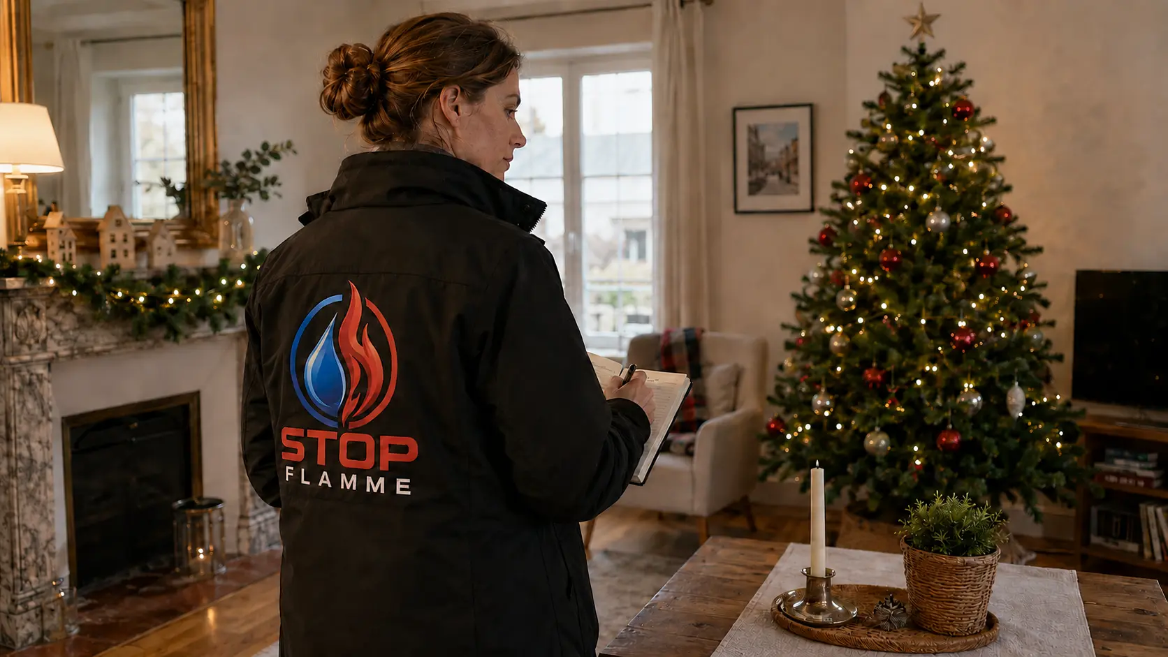 Technicien observant une décoration électrique dans un salon