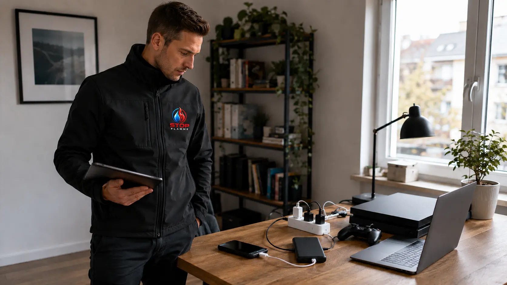 Technicien observant des appareils numériques en charge dans un bureau
