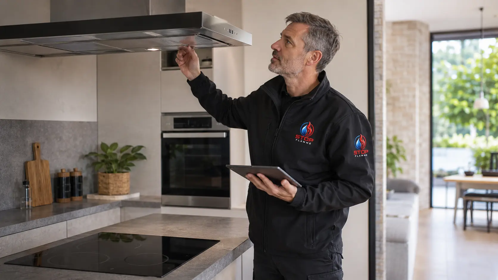 Technicien STOP FLAMME inspectant une cuisine pendant un audit